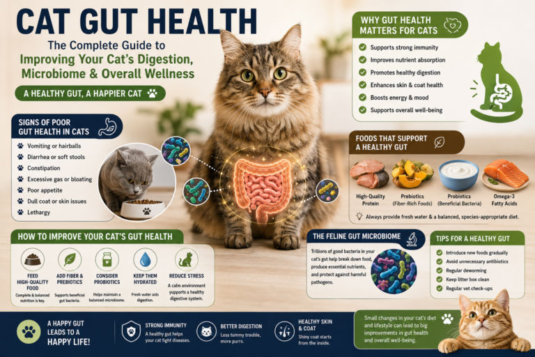 A cat eating a healthy meal while a veterinarian explains gut health and the feline digestive system
