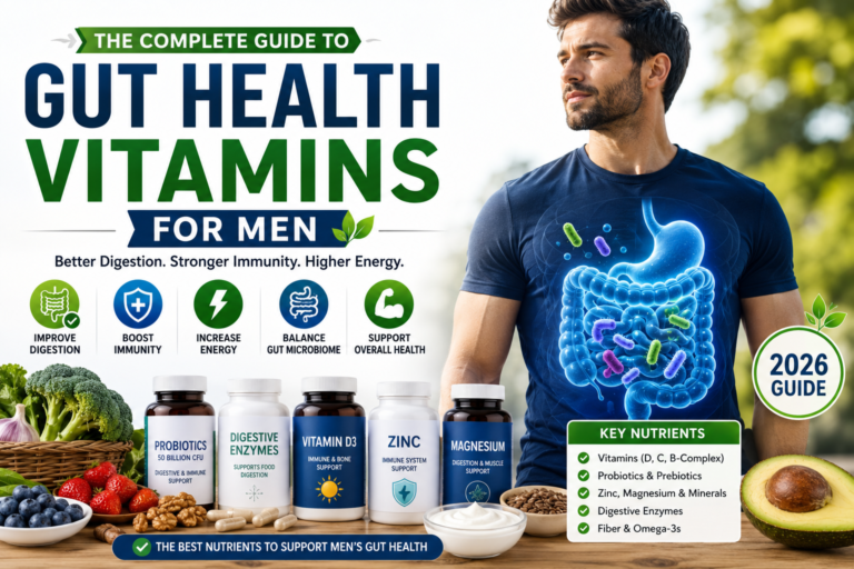 Best gut health vitamins for men featuring probiotics, essential vitamins, minerals, and healthy foods that support digestion, immunity, and a balanced gut microbiome.