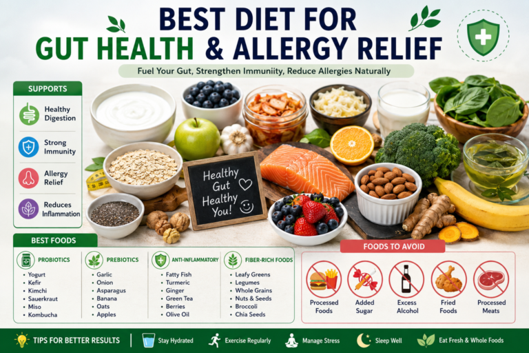 Colorful gut-friendly foods including yogurt, berries, salmon, leafy greens, oats, and fermented vegetables arranged on a healthy table to support gut health and allergy relief.