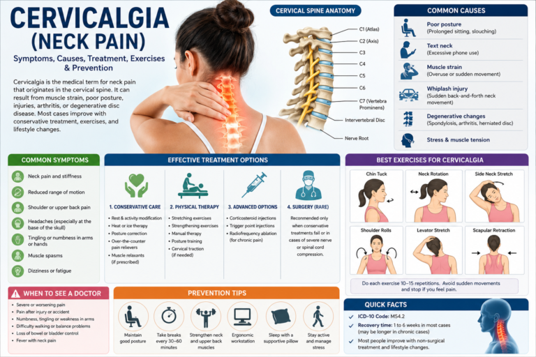 Cervicalgia: Symptoms, Causes, Treatment, Exercises & Prevention (Complete 2026 Guide) Medical infographic showing cervicalgia (neck pain), cervical spine anatomy, symptoms, causes, treatment, exercises, and prevention.