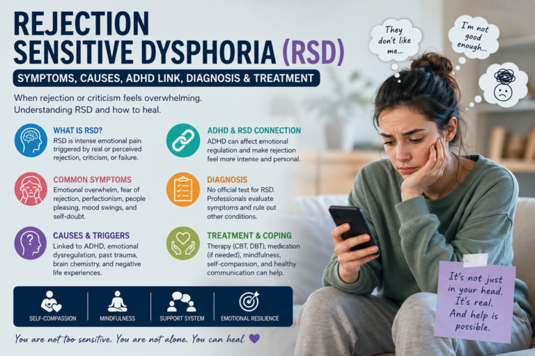 A thoughtful young adult sitting alone with a worried expression, illustrating the emotional impact of Rejection Sensitive Dysphoria (RSD), ADHD-related emotional dysregulation, fear of rejection, and mental health challenges.