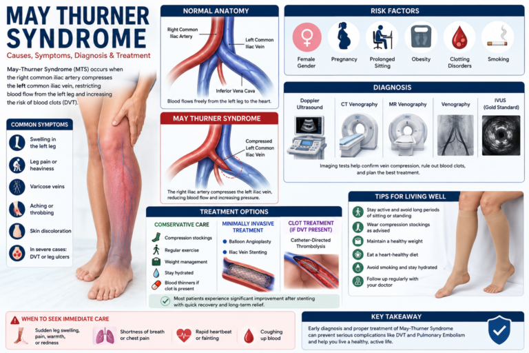 Doctor explaining May Thurner Syndrome anatomy showing compression of the left common iliac vein by the right common iliac artery.