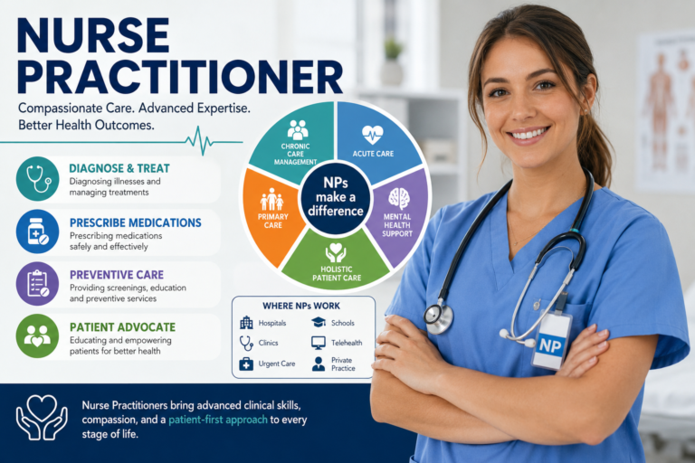 Nurse practitioner providing patient care in a modern healthcare setting with infographic highlighting roles, education, salary, specialties, and career guide.