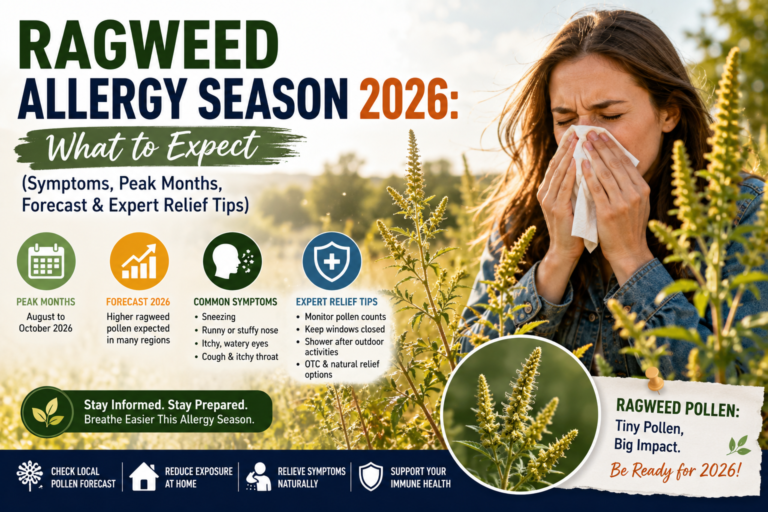 Ragweed Allergy Season 2026: Person sneezing outdoors during peak ragweed pollen season while surrounded by blooming ragweed plants, illustrating common fall allergy symptoms.
