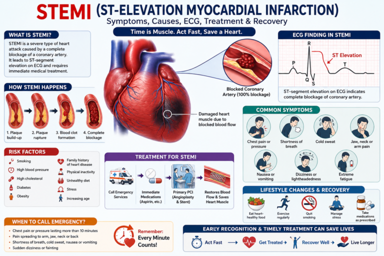 STEMI (ST-Elevation Myocardial Infarction): Symptoms, Causes, ECG, Treatment & Recovery (2026 Guide) STEMI heart attack illustration showing a blocked coronary artery causing ST-elevation myocardial infarction.