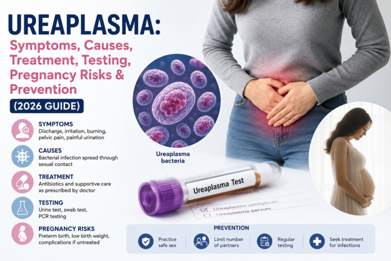Medical illustration showing a healthcare professional discussing Ureaplasma infection with a patient, highlighting symptoms, PCR testing, antibiotic treatment, reproductive health, and pregnancy considerations.