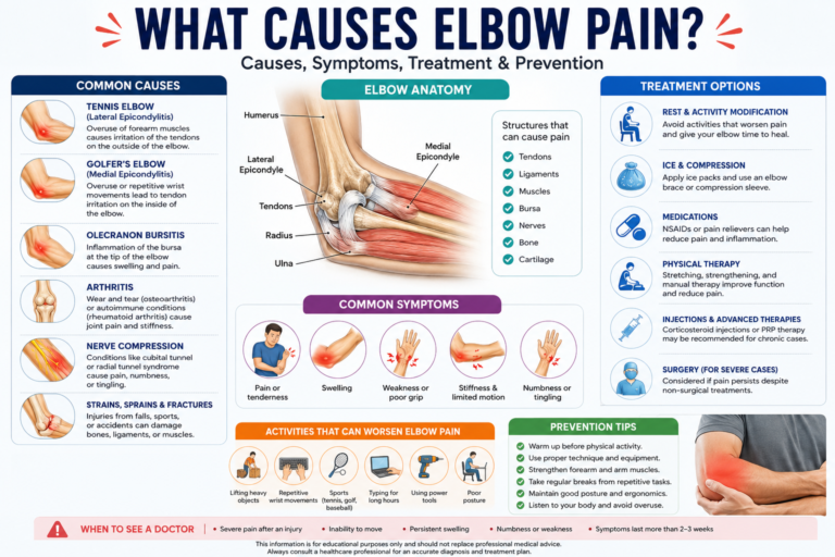 What causes elbow pain infographic showing elbow anatomy, common causes, symptoms, treatment options, and prevention tips.