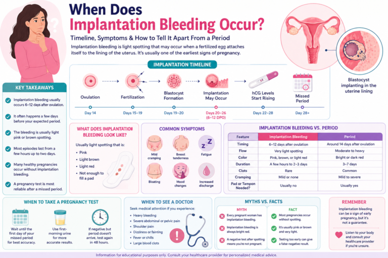 Medical infographic showing when implantation bleeding occurs, implantation timeline, symptoms, pregnancy test timing, and implantation bleeding vs period comparison.