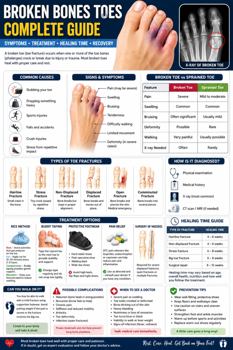 Broken Bones Toes: Symptoms, Treatment, Healing Time & Recovery (2026 Guide) Broken toe infographic showing symptoms, causes, treatment, healing time, buddy taping, and recovery tips for a toe fracture.