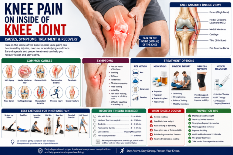 Knee Pain on Inside of Knee Joint: Causes, Symptoms, Treatment & Recovery (2026 Guide) Knee pain on inside of knee joint infographic showing common causes, symptoms, diagnosis, treatment, exercises, recovery timeline, and prevention tips.