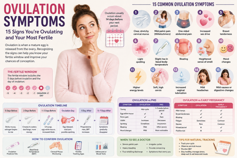 Ovulation symptoms infographic showing 15 common signs of ovulation, fertile window timeline, cervical mucus changes, ovulation pain, and fertility tracking methods.
