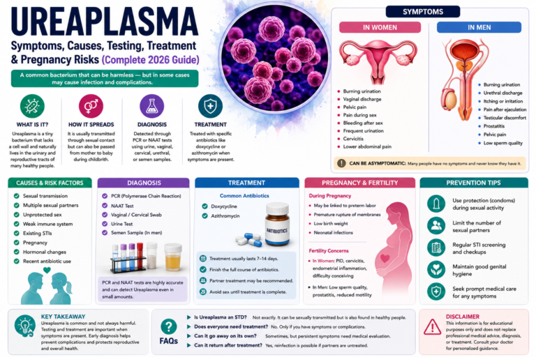 Illustration showing Ureaplasma infection affecting the male and female reproductive systems with symptoms, diagnosis, and treatment options.