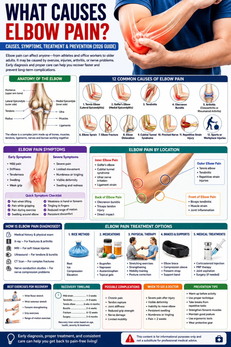 What causes elbow pain infographic showing common causes, symptoms, elbow anatomy, treatment options, recovery timeline, and prevention tips.